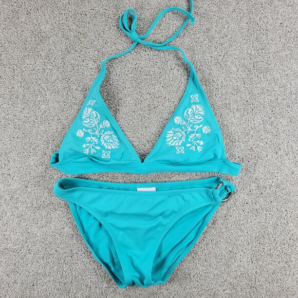 Becca Womens Bikini Large Teal Blue 2 Piece Floral Embroidered Triangle Halter - Picture 1 of 16
